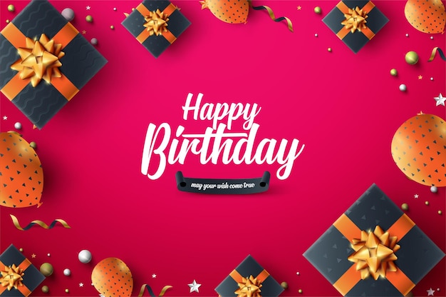 Festa di compleanno con palloncini e scatole regalo su sfondo rosso