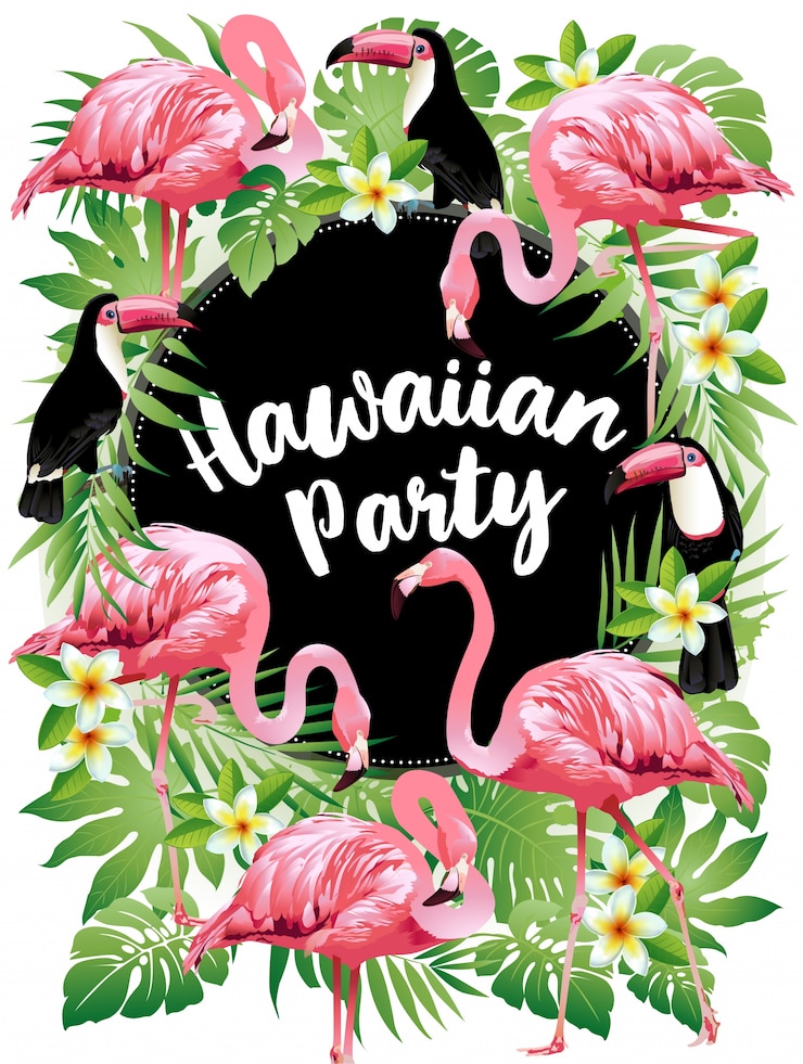 Vettore festa hawaiana di aloha beach party. illustrazione vettoriale di uccelli tropicali, fiori, foglie.