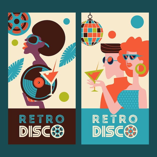 Festa in discoteca retrò. Illustrazione vettoriale colorato, poster. Coppia ragazzo e ragazza con un cocktail. Vecchio jukebox. Bella ragazza nera in occhiali da sole e dischi in vinile.