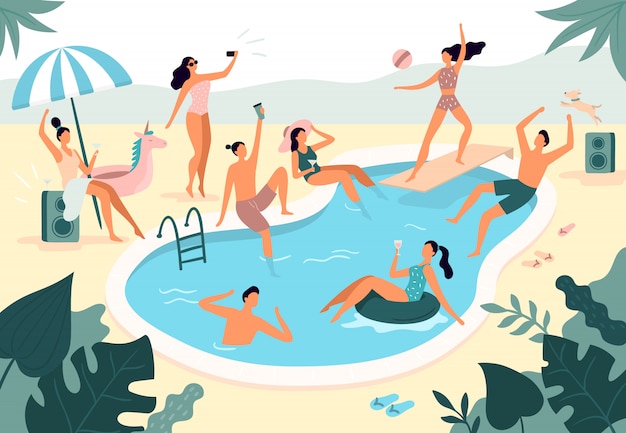 Festa in piscina. La gente dell'estate all'aperto in swimwear nuota insieme e l'anello di gomma che galleggia nell'illustrazione dell'acqua dello stagno