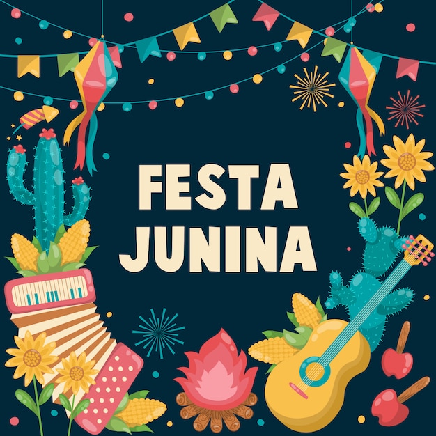 Festa Junina Brasile giugno Festival disegnato a mano. Folklore Holiday. Chitarra, fisarmonica, cactus, estate, girasole, falò, bandiera