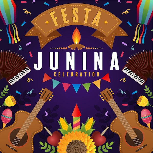 Festa Junina Poster Festival di giugno Folklore Vacanze Chitarra Fisarmonica Cactus Estate Girasole Campfir