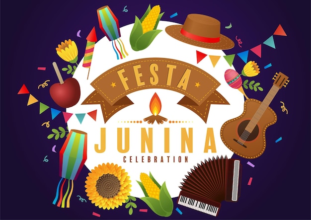Festa Junina Poster Festival di giugno Folklore Vacanze Chitarra Fisarmonica Cactus Estate Girasole Campfir