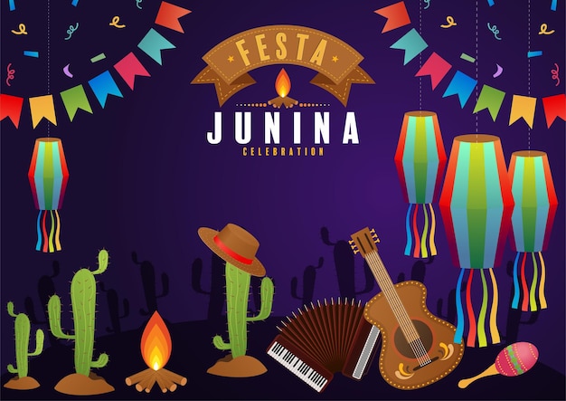 Festa Junina Poster Festival di giugno Folklore Vacanze Chitarra Fisarmonica Cactus Estate Girasole Campfir