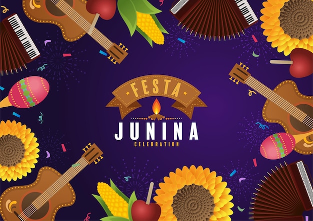 Festa Junina Poster Festival di giugno Folklore Vacanze Chitarra Fisarmonica Cactus Estate Girasole Campfir