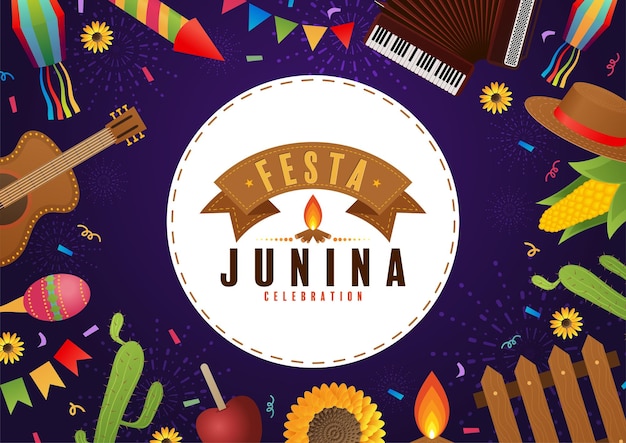 Festa Junina Poster Festival di giugno Folklore Vacanze Chitarra Fisarmonica Cactus Estate Girasole Campfir
