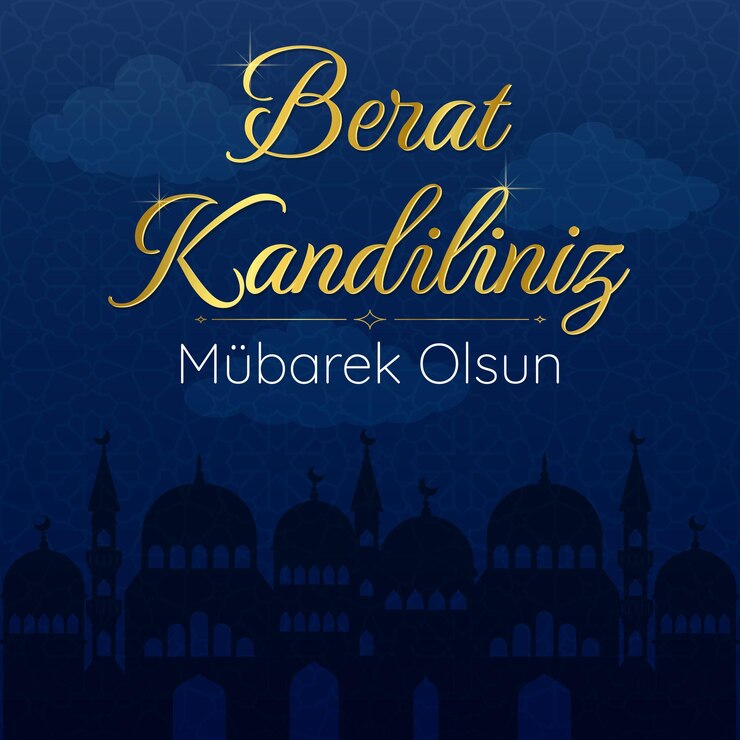 Vettore festa musulmana concetto vettoriale della notte santa islamica berat kandiliniz mubarec olsun traduzione notte santa islamica carta con sagoma scura della moschea concetto vettoriale su sfondo blu scuro