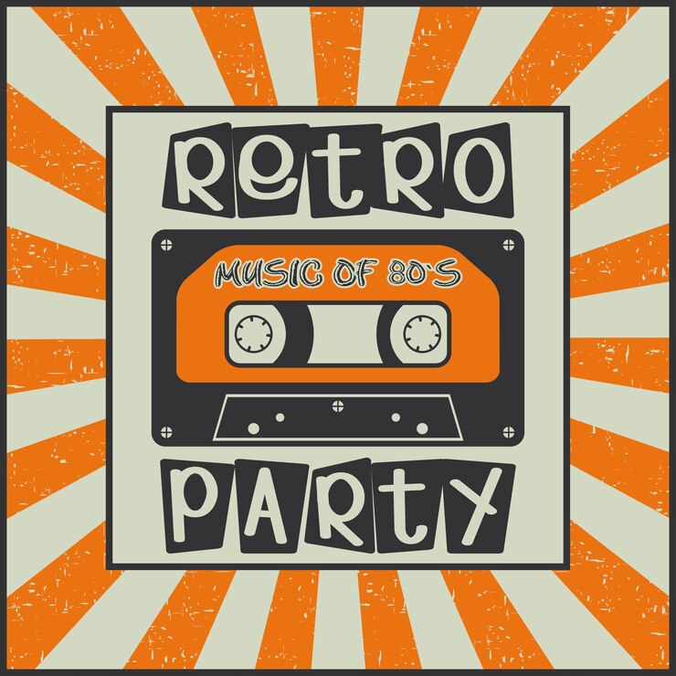 Festa retrò. Musica anni '80. Manifesto pubblicitario vintage con cassetta su sfondo Sunburst. Illustrazione vettoriale.