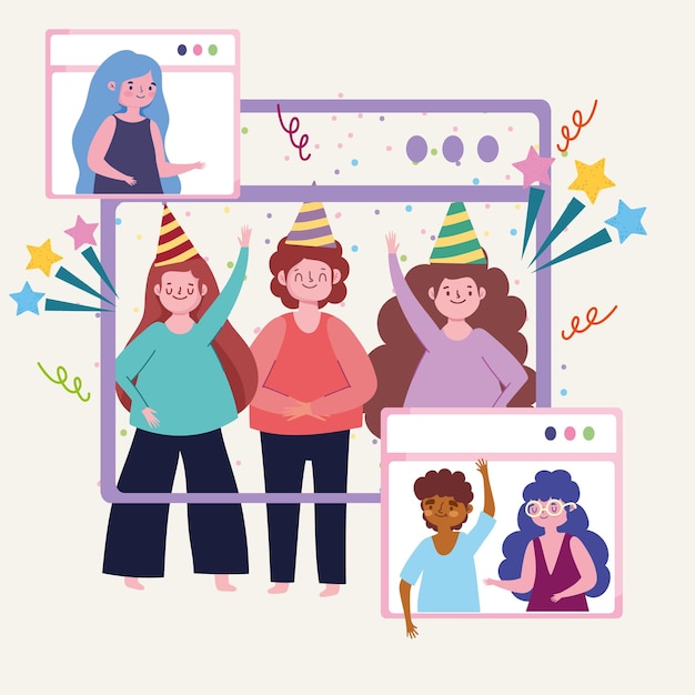 Festa virtuale, gli amici si divertono in una videoconferenza, illustrazione del partito di celebrazione