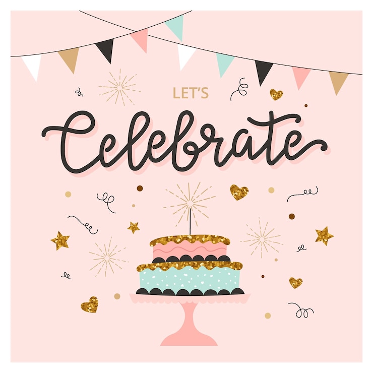 Vettore festeggiamo la carta con torta e calligrafia modello di illustrazione vettoriale carino ed elegante in stile minimalista alla moda