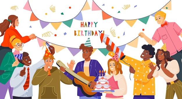 Festeggiando la festa di compleanno uomini e donne felici con torta ghirlande di confetti e fuochi d'artificio a festa