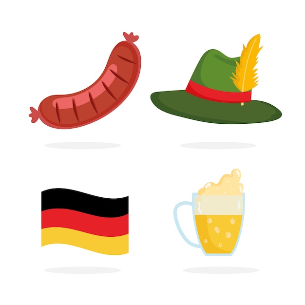 Festival dell'Oktoberfest, bandiera della birra della salsiccia del cappello delle icone, illustrazione tradizionale di celebrazione della Germania