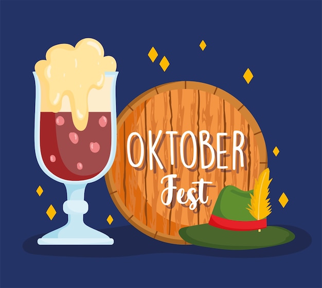Festival dell'Oktoberfest, cappello da birra nera e botte di legno, illustrazione tradizionale di celebrazione della Germania