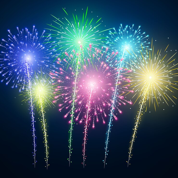 Vettore festival fuochi d'artificio colorati su sfondo blu