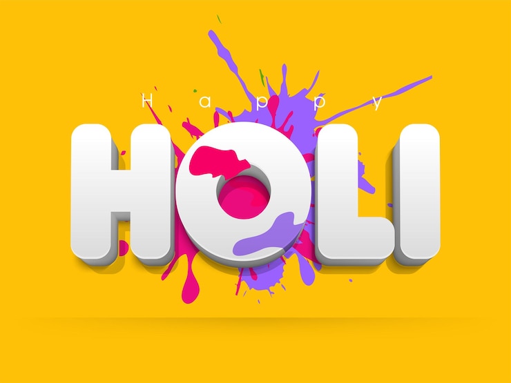 Vettore festival indiano dei colori happy holi concept con testo elegante testo colorato splash su sfondo di colore giallo