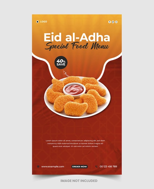 Festival musulmano di Eid al Adha Menu del cibo e modello di storia di instagram e facebook del ristorante