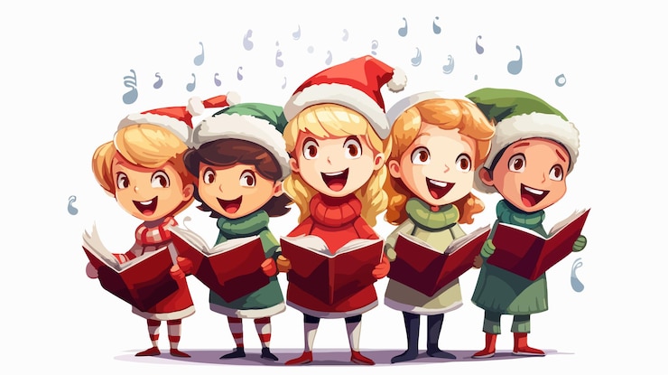 Vettore festivi bambini felici che cantano melodie natalizie in un cartone animato musicale