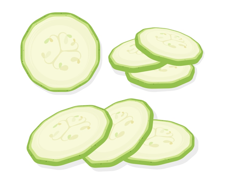 Vettore fette affettate di verdure fresche del midollo isolato su priorità bassa bianca. anelli di zucchine. illustrazione.