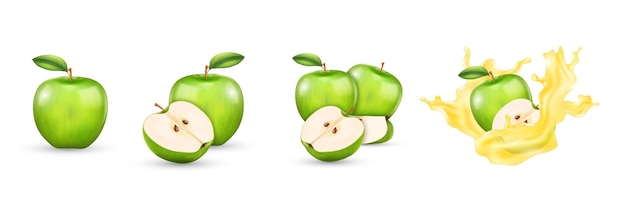 Fette di mele verdi realistiche Spruzzo di succo Frutta intera e mezza estiva con foglia Spruzzi di bevande salutari Ingrediente naturale maturo Set di prodotti vitaminici freschi Illustrazione vettoriale