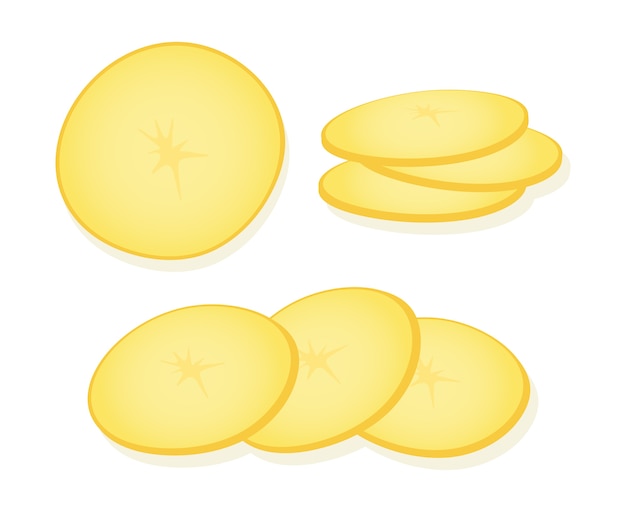 Fette di patate fresche affettate isolati su sfondo bianco. Anelli di patate. Illustrazione.