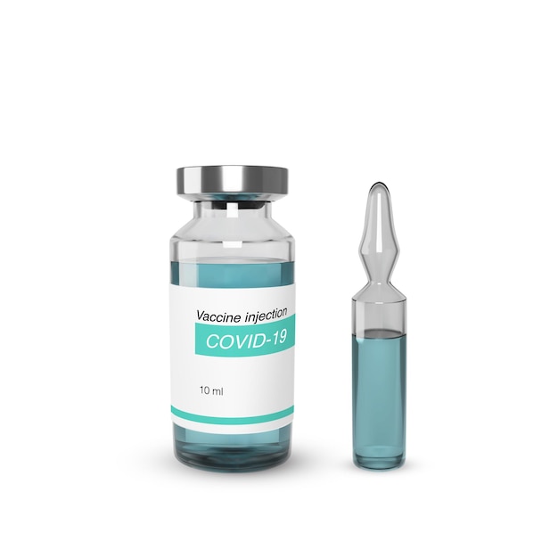 Fiala con farmaco medico e fiala con vaccino. Bottiglia realistica di vetro con medicamento. illustrazione