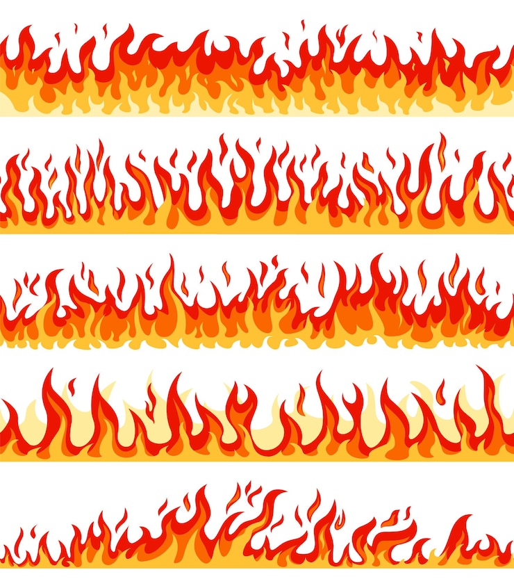 Vettore fiamme ardenti calde dei cartoni animati, incendi ardenti, incendi, bordi fiammeggianti del fuoco senza soluzione di continuità!