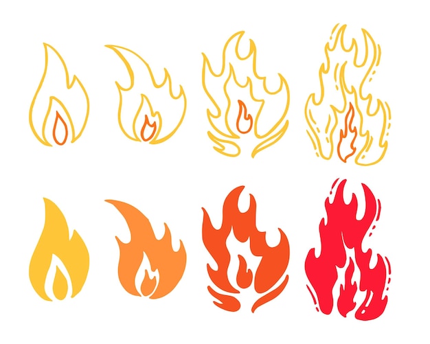 Fiamme disegnate a mano doodle set disegno schizzi di fuoco brilla Illustrazione del fenomeno naturale