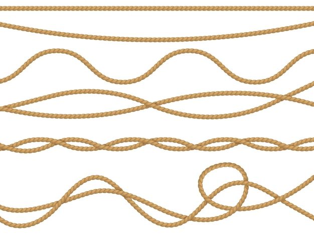 Fibre corde realistiche corda nautica curva corda senza cuciture modello corda dritto lasso confini decorativi collezione retro marino marrone jute o canapa filo ornamento set vintage isolato vettor 3d