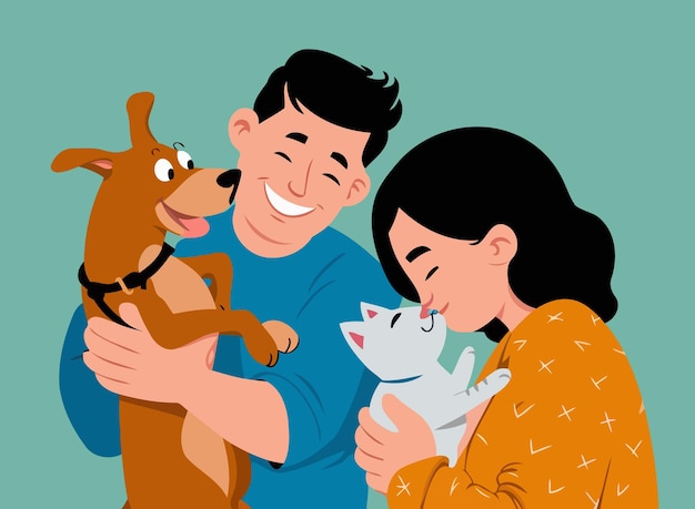 Fidanzato con il cane e fidanzata con il gatto Coppia sposata che adotta animali domestici