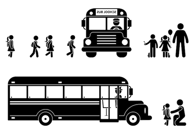 Figura a bastone dei bambini che si imbarcano sull'icona dell'autobus