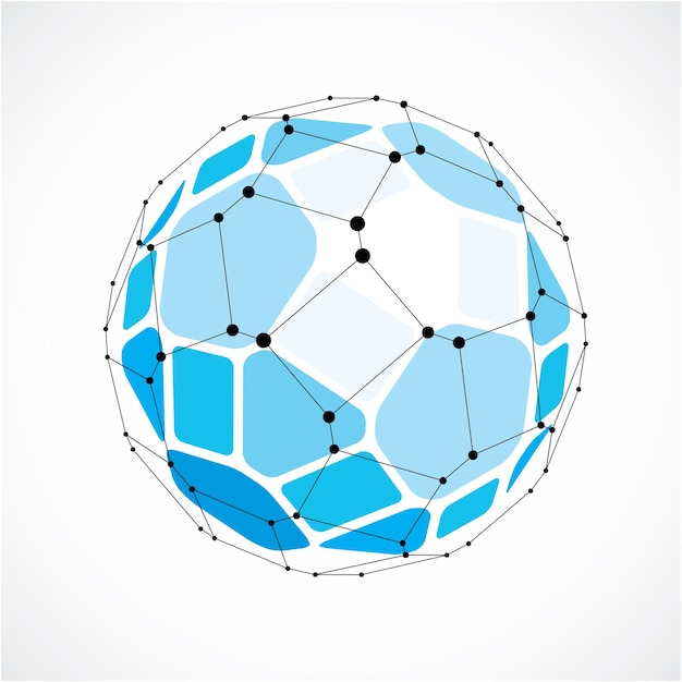 Figura sfaccettata 3d astratta con linee nere e punti collegati. Elemento di design blu poli basso vettoriale creato con quadrati e pentagoni. Forma di globo cibernetico con griglia e linee mesh.