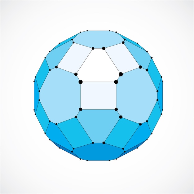 Figura sfaccettata 3d astratta con linee nere e punti collegati. Elemento di design blu poli basso vettoriale creato con quadrati e pentagoni. Forma di globo cibernetico con griglia e linee mesh.