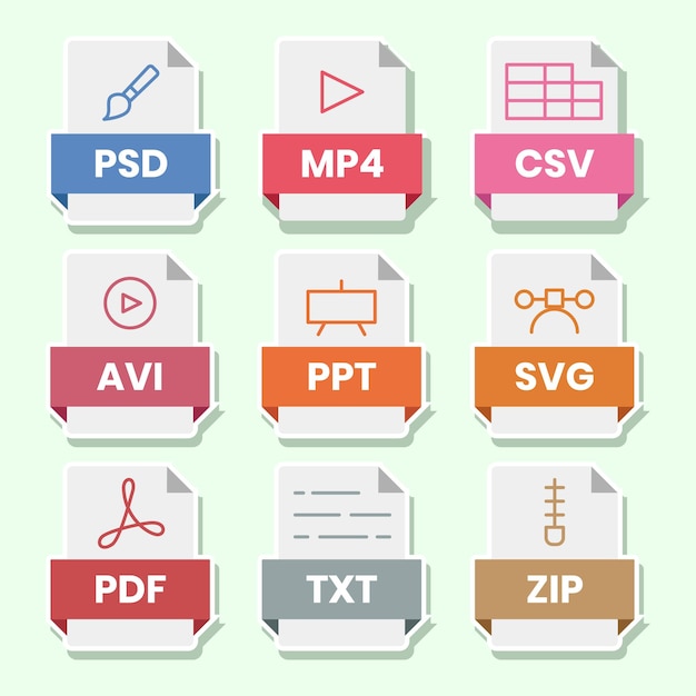 File documento mp4 csv avi ppt svg pdf txt zip