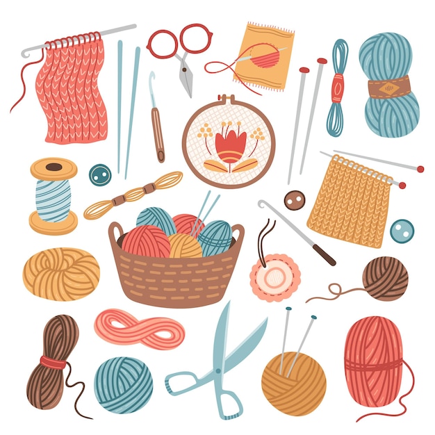 Fili per maglieria. Cucire a maglia, gomitoli di lana. Accessori di artigianato del fumetto isolato, illustrazione di vettore di strumenti di hobby del cucito all'uncinetto. Cucito e filo, lavoro a maglia artigianale, moda ad ago