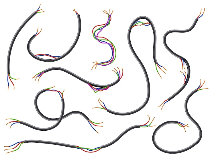 Vettore fili rotti cavi strappati flessibili realistici con cablaggio colorato connessioni elettriche danneggiate pezzi di lunghezza diversa circuito di corrente non isolato set di conduttori di elettricità vettoriale