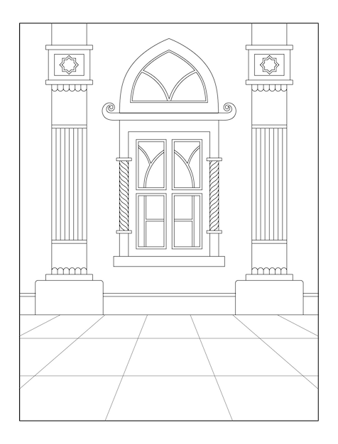 Finestra in stile islamico e contorno di pilastri illustrazione per libro da colorare per bambini e adulti