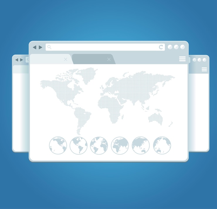 Vettore finestre del browser e mappa del mondo. concetto di globalizzazione.