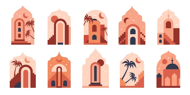 Finestre musulmane orientali Cornici islamiche con palme della moschea e viste notturne arabe set di illustrazioni vettoriali piatte Design della finestra islamica