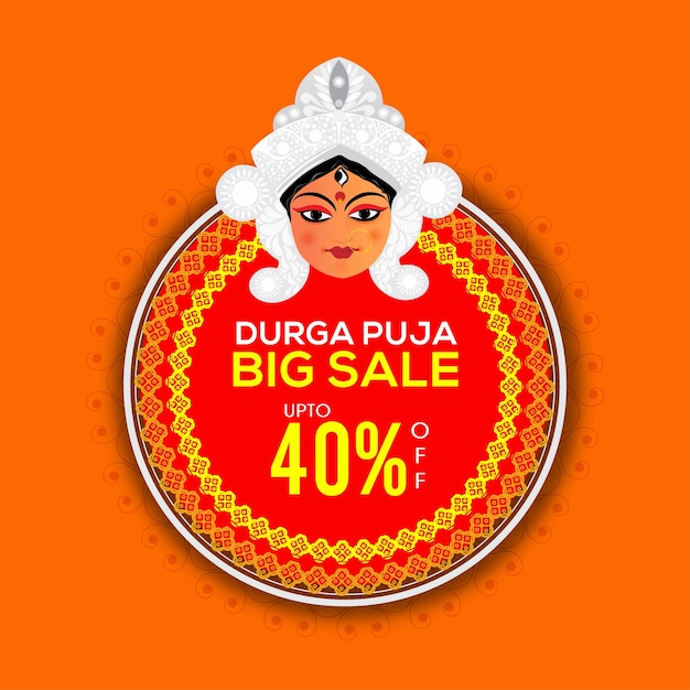 Fino a 40 di sconto per Durga Puja Big Sale Poster Design con la faccia della dea Durga