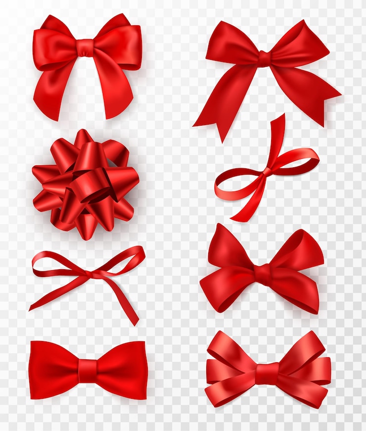 Vettore fiocchi decorativi. nastri di seta rossa realistici con fiocco decoro festivo rosa satinata, elementi di lusso per l'imballaggio e il design delle vacanze, elegante nastro regalo set vettoriale 3d isolato su sfondo trasparente