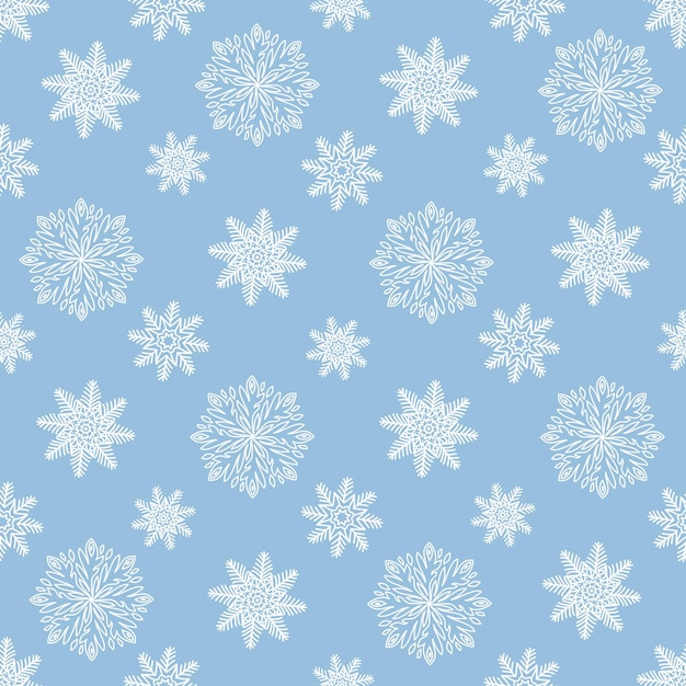 Fiocchi di neve bianchi su sfondo blu motivo vettoriale vacanza senza soluzione di continuità.