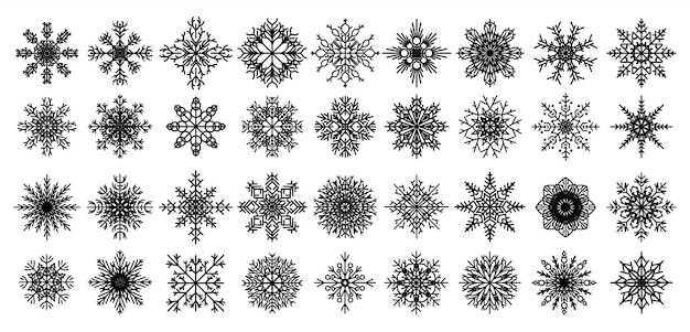 Fiocchi di neve Cristalli di ghiaccio neri segno di neve sagome e forme Natale clip art elemento decorativo per biglietti di auguri simbolo meteo Collezione nevicata isolata per set vettoriale banner invernali