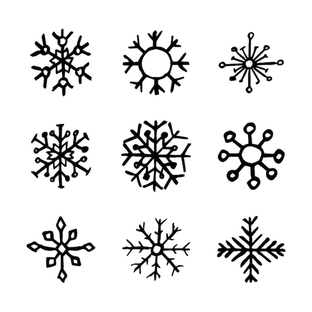 Fiocchi di neve disegnati a mano su fondo bianco. Set di nove fiocchi di neve scuri. Elementi di decorazione di Natale e Capodanno. Illustrazione vettoriale.