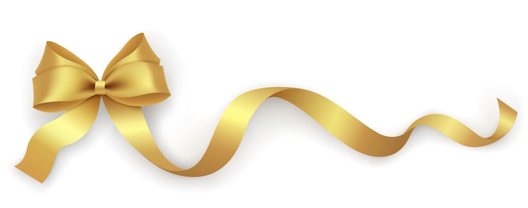 Vettore fiocco decorativo in oro con nastro su sfondo bianco. elemento di design decorativo per le vacanze per imballaggio, confezione regalo, cartolina, banner.