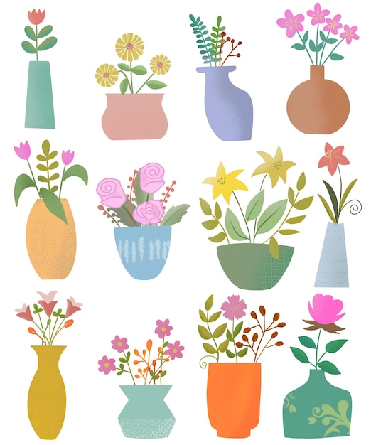 Fiore albero vaso carino pastello acquerello disegno ornamento oggetto per decorazione invito carta Indoor houseplant giardinaggio doodle piatto arte illustrazione Set di icone del fumetto botanico isolato su bianco