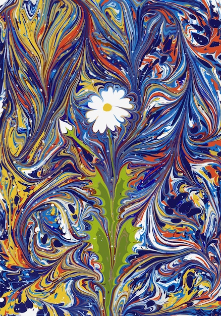 Fiore bianco e decorazione di fondo marmorizzata blu. disegno vettoriale