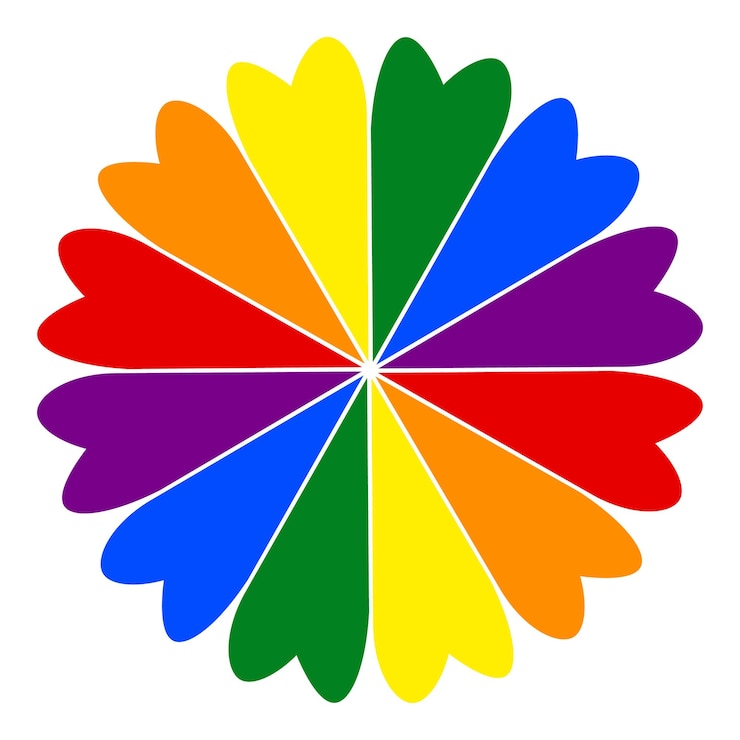 Vettore fiore dell'arcobaleno con petali a forma di cuore isolati su sfondo bianco insegna per il mese dell'orgoglio vettore