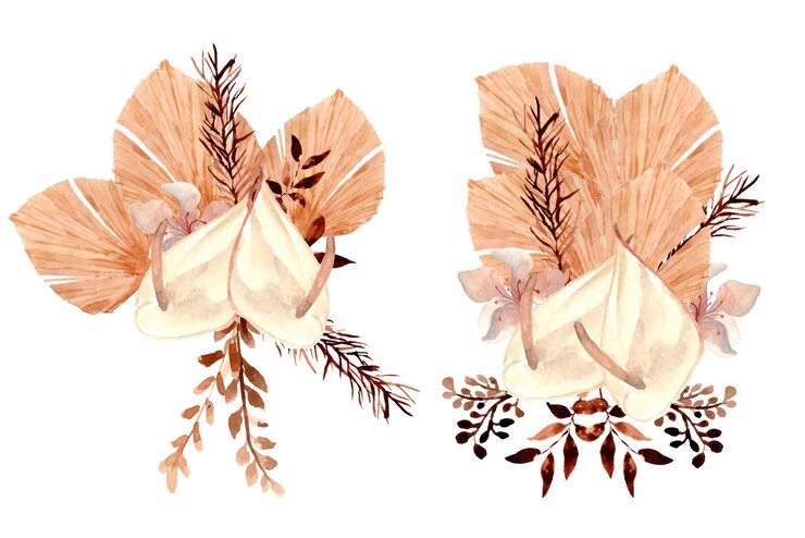 Vettore fiore di calla boemo con foglia di palma e bouquet di fiori ad acquerello a foglia secca