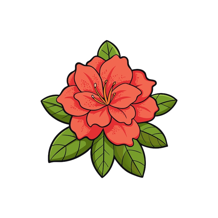 Vettore fiore di corallo azalea vibrante con foglie verdi lussureggianti