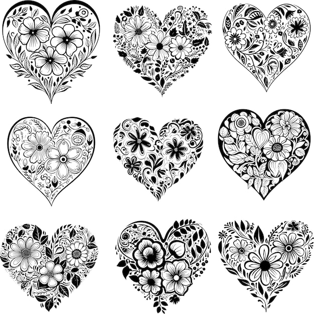 Fiore di cuore fiore di cuore linea d'arte silhouette collezione bianca e nera